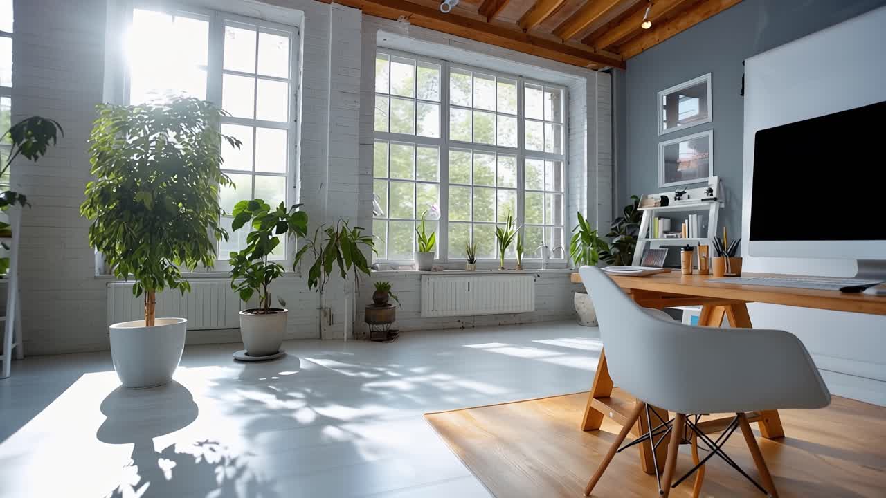 Stanza luminosa con grandi finestre e travi in legno. La luce naturale inonda lo spazio. Una scrivania moderna poggia su un pavimento in legno. Una sedia bianca è rivolta verso un monitor elegante. Piante in vaso aggiungono verde agli angoli