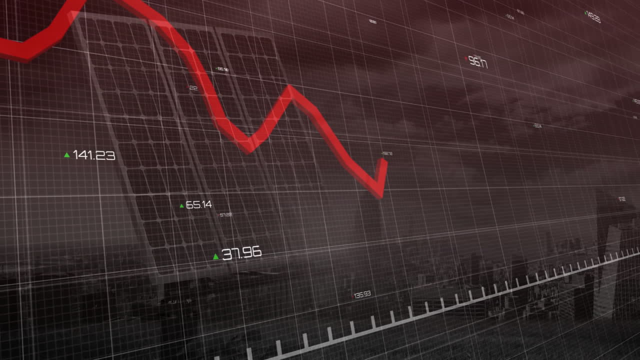 Showing fluctuating financial data, red line graph over grid background animation