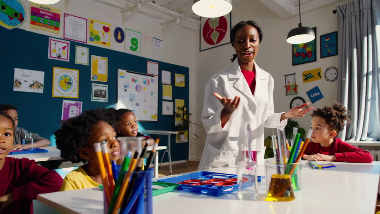 Insegnante che dimostra un esperimento scientifico in classe.