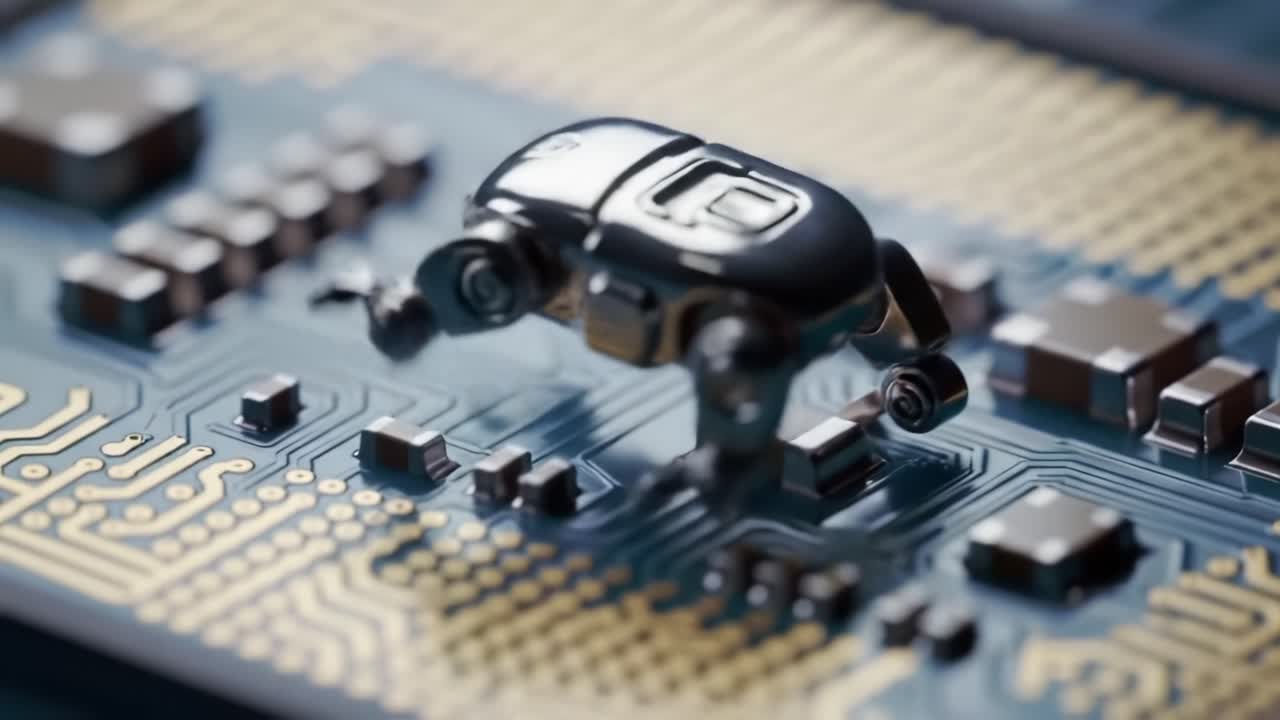 A Miniature Robot Navigates a Circuit Board: Exploring the Intricate World of Microelectronics and Robotics in Action