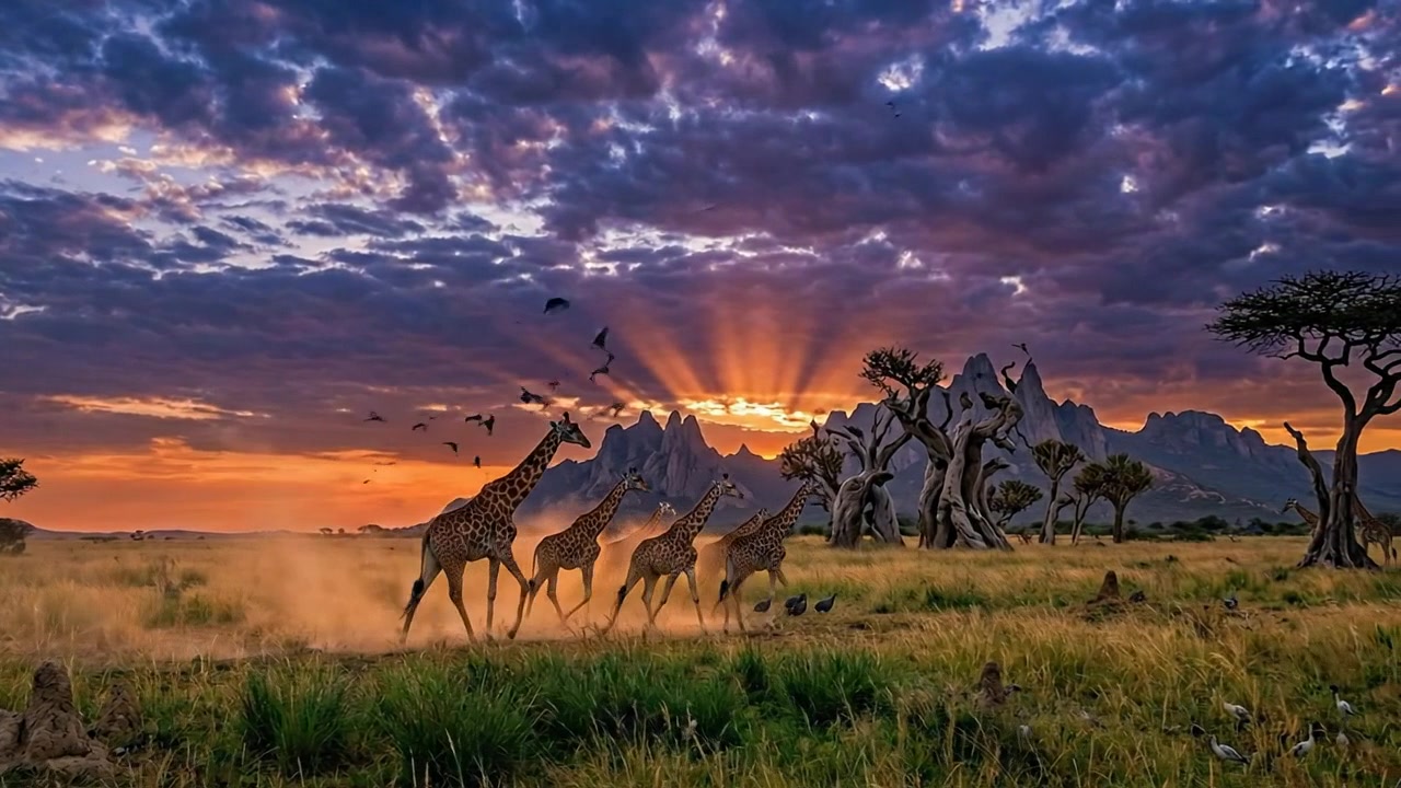 Giraffes Walking Across African Savannah During Colorful Sunset Wildlife Scene