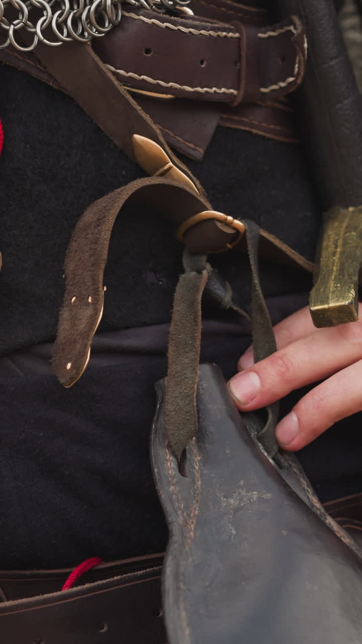 caballero medieval con bolsa de cuero y bolso de monedas en el cinturón. hombre valiente con espada en la vaina. uniforme de guerrero hábil en fondo borroso de primer plano