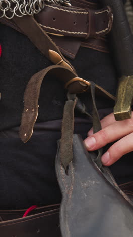 medieval knight with leather bag and coin purse on belt. brave man with sword in scabbard. uniform of skillful warrior on blurred background closeup