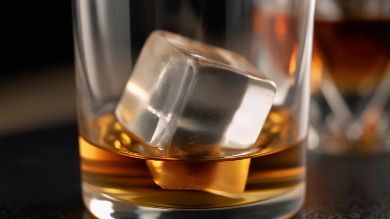 Grande cubetto di ghiaccio che si scioglie in un bicchiere di whisky
