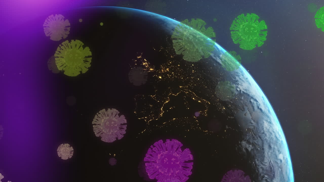 múltiples células de covid-19 flotando y un punto de luz sobre un globo giratorio contra un fondo azul