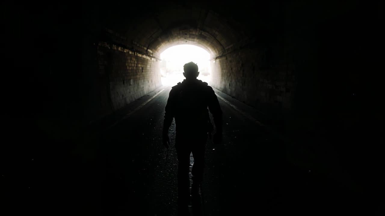 Video vertical: Hombre encapuchado caminando con mochila siguiendo una luz adelante a través de un oscuro túnel arqueado.