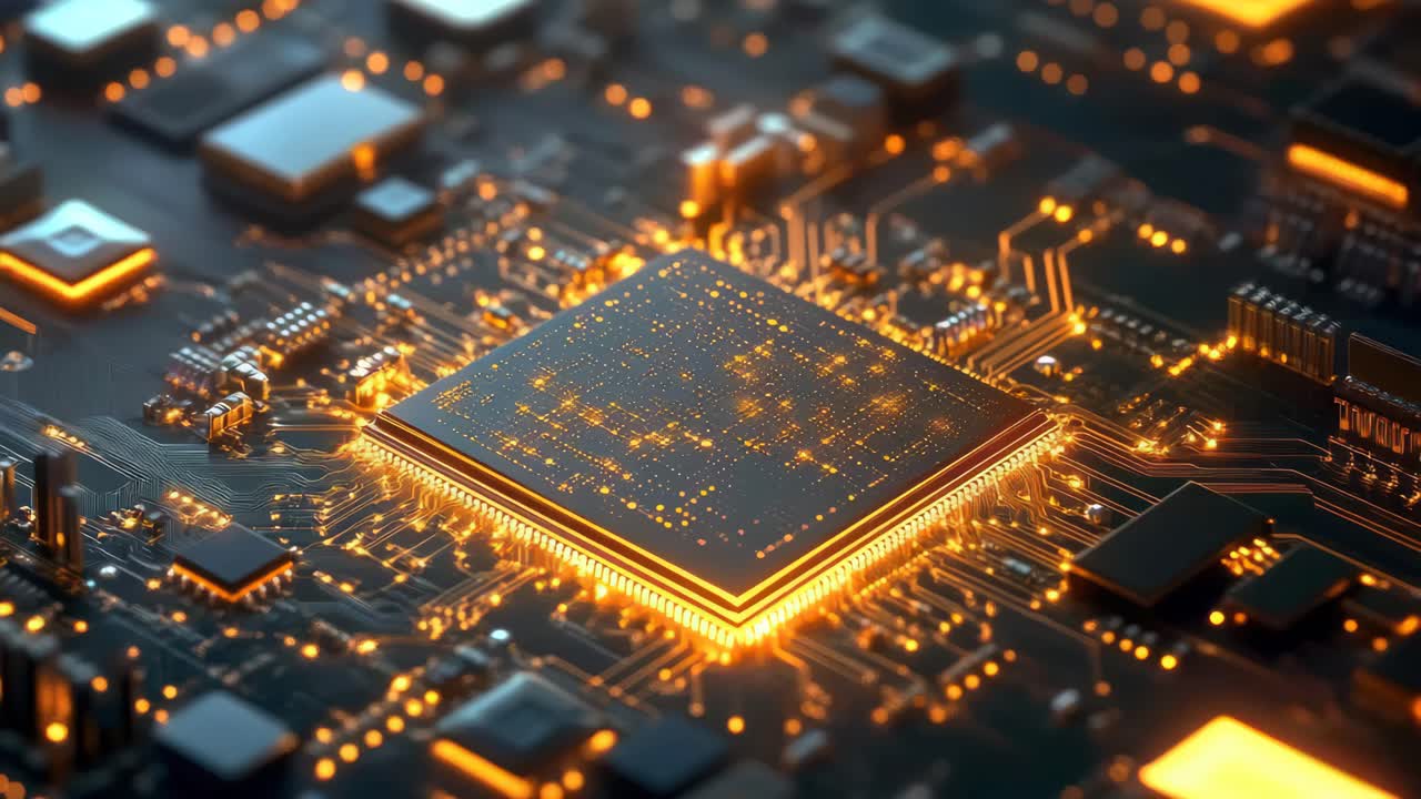 Close-up, hoekweergave van een gloeiende microchip op een printplaat, die technologie benadrukt