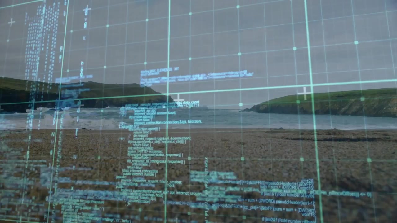 Vertical video: Pebbled cove HUD overlay starting, cyan grid streaming code and shifting for design