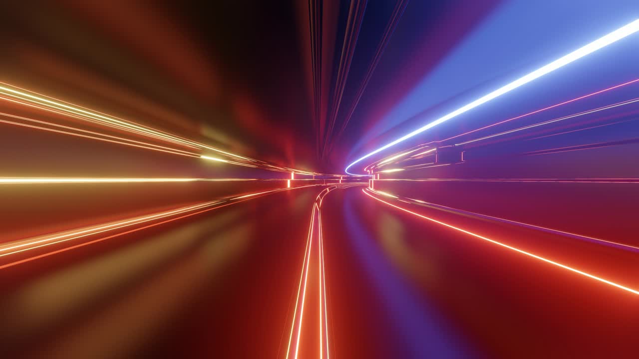 네온 조명, 카메라가 터널을 날아다니며, 네온 조명이 박이는 사이버 크 또는 하이테크 미래의 스타일의 공상과학 소설 빨간 오렌지 배경.