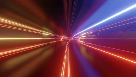 un túnel de alta tecnología abstracto en bucle de 4k con luces de neón, la cámara vuela a través del túnel, las luces de neon parpadean. fondo naranja rojo de ciencia ficción al estilo de cyberpunk o futuro de alta tecnología. 7