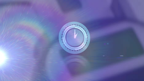 animation of rotating safe lock with clock over light trail on blurred background