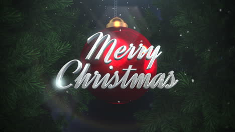 texto de feliz navidad y copos de nieve blancos con bolas rojas