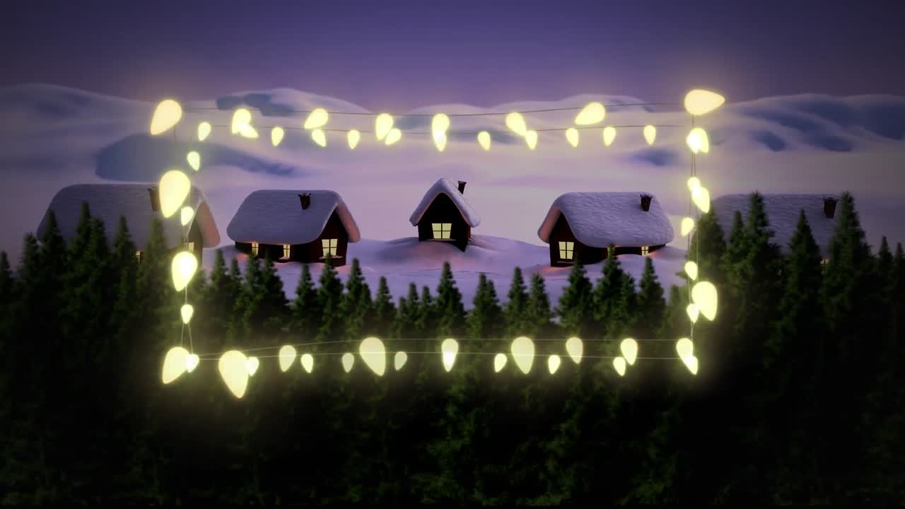 luces de hadas decorativas brillantes amarillas contra el paisaje de invierno con casas y árboles