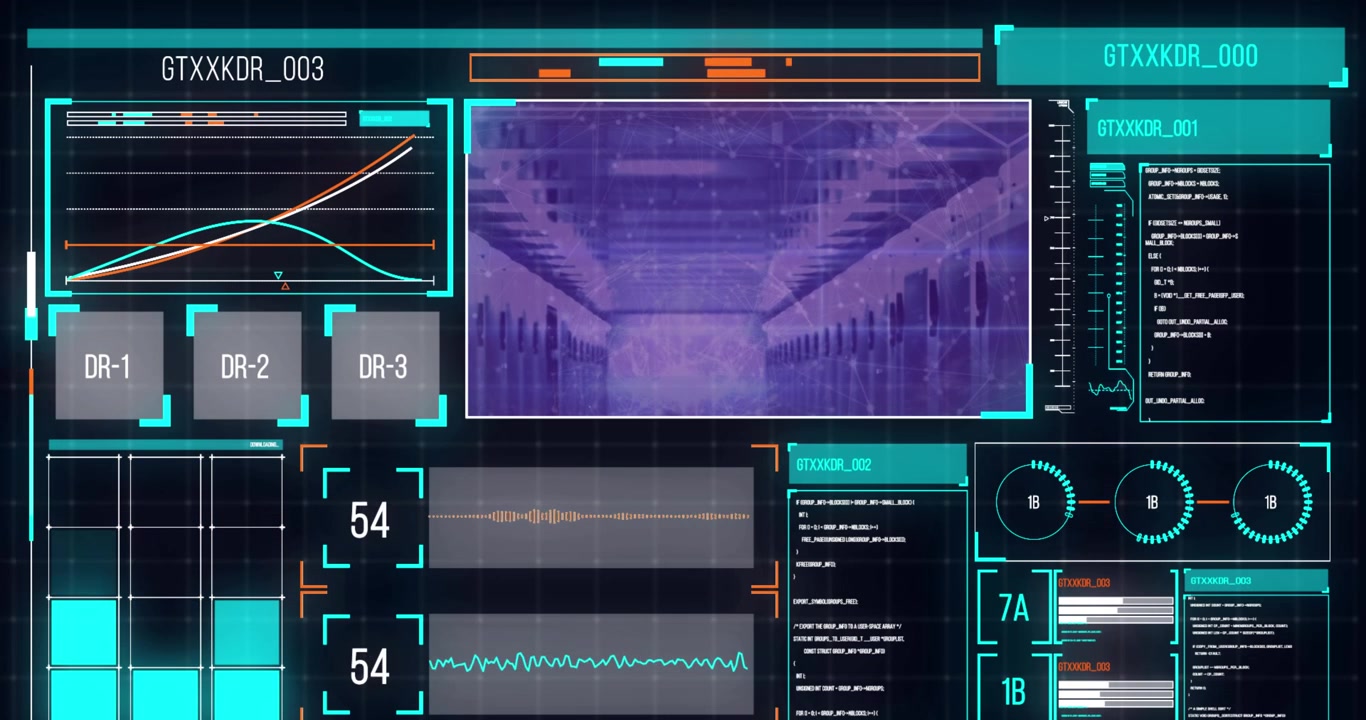 Futuristic Digital User Interface with Data Visualization and Server Room
