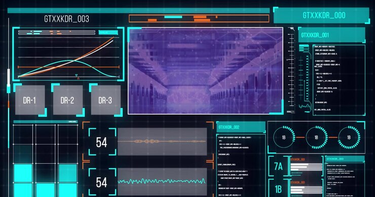 Antarmuka Pengguna Digital Futuristik dengan Visualisasi Data dan Ruang Server