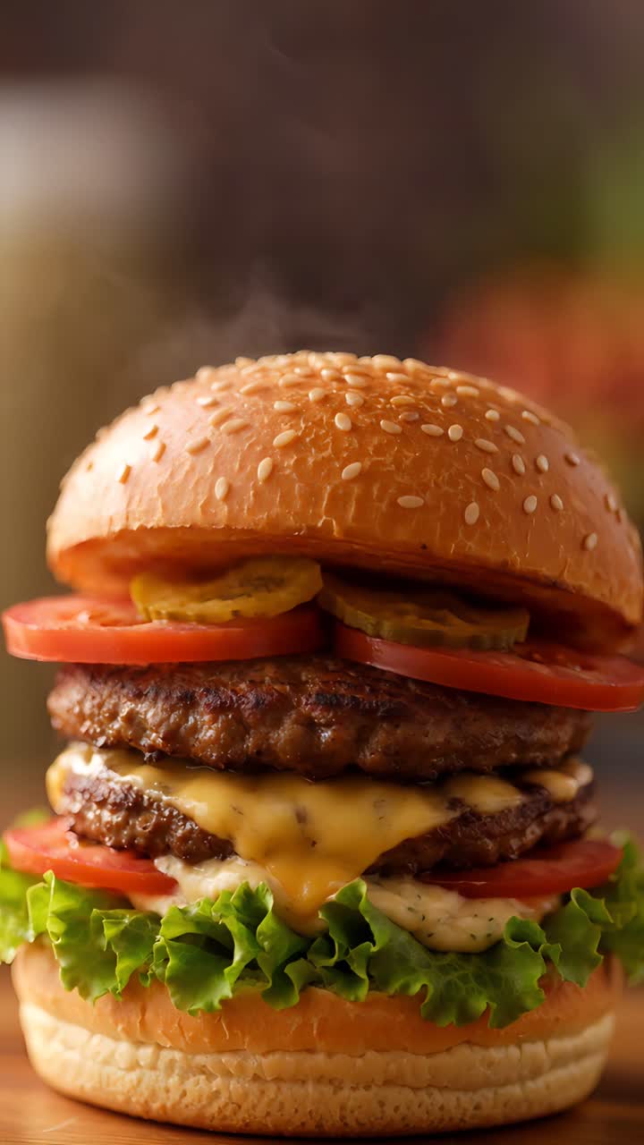 Hamburguesa Jugosa en Primer Plano con Fondo Bokeh 4K