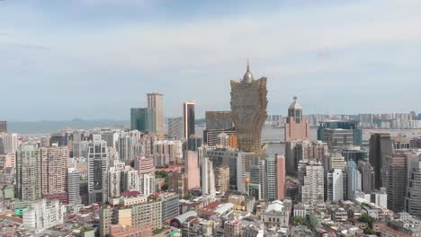 Schwenken-Und-Drehen-Der-Luftaufnahme-Der-Skyline-Von-Macau-An-Bewölkten-Tagen