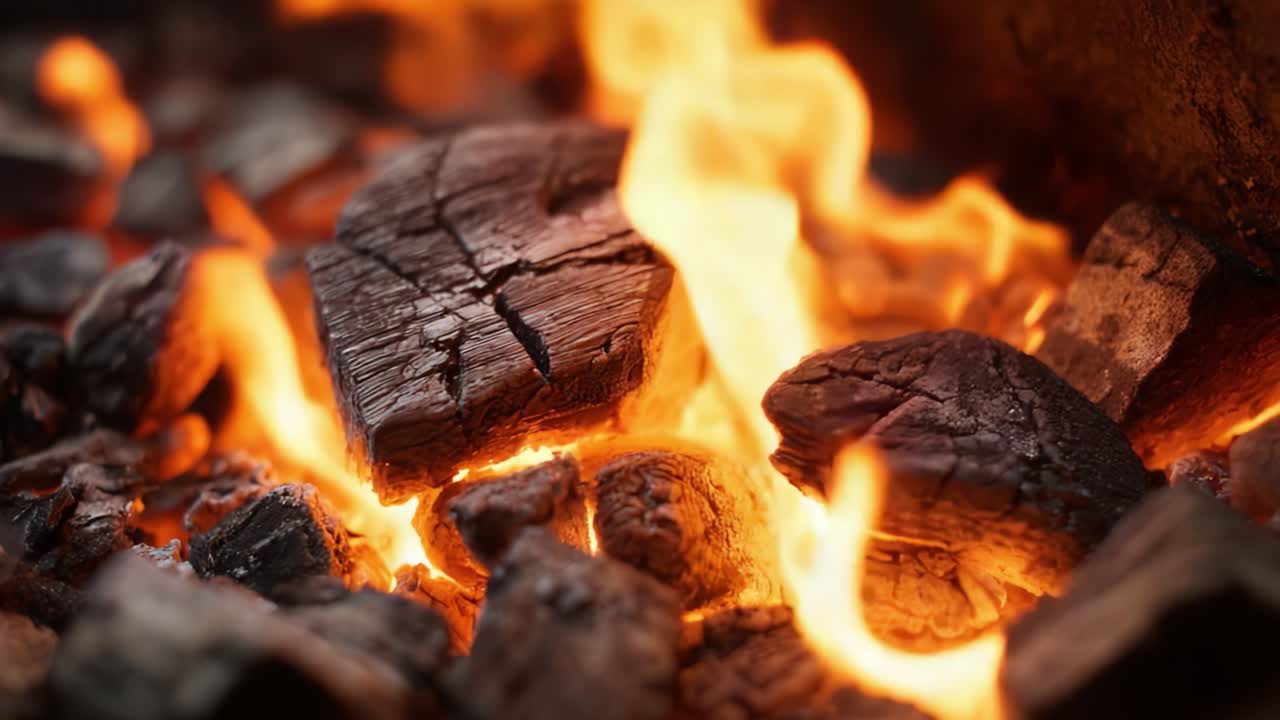 Primo piano di braci di carbone ardenti, catturando l'intensa luminosità e i dettagli della texture del legno che brucia in un ambiente infuocato.