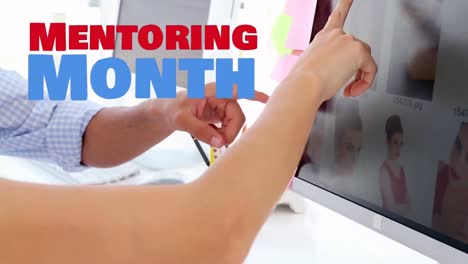 animation of mentoring month text over caucasian business people discussing in office