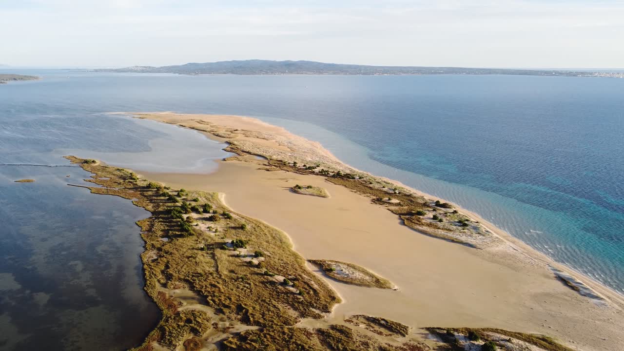 Sensational aerial of sandbank shoal beach in south Sardinia, Punta s'Aliga