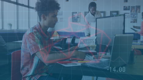 in school, professionals working at desks with digital data animation overlay