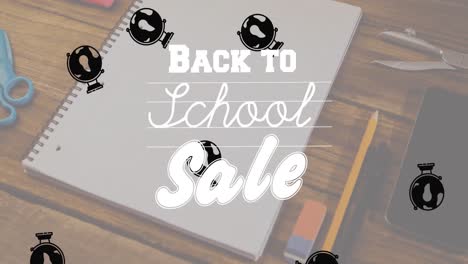 Animation-of-back-to-school-sale-text-and-school-items-icons-over-notebook-on-desk