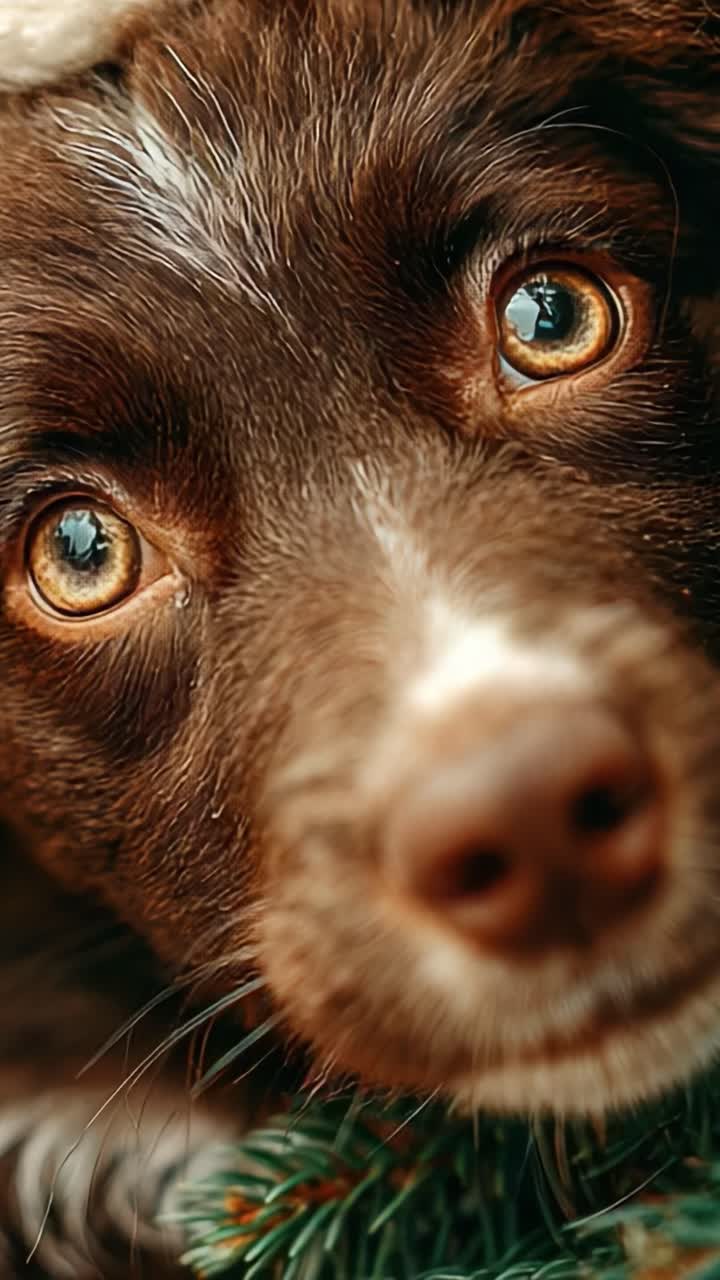 Un commovente primo piano di un cane giocoso con dei bellissimi occhi marroni che cattura momenti di gioia e curiosità in un'atmosfera festosa