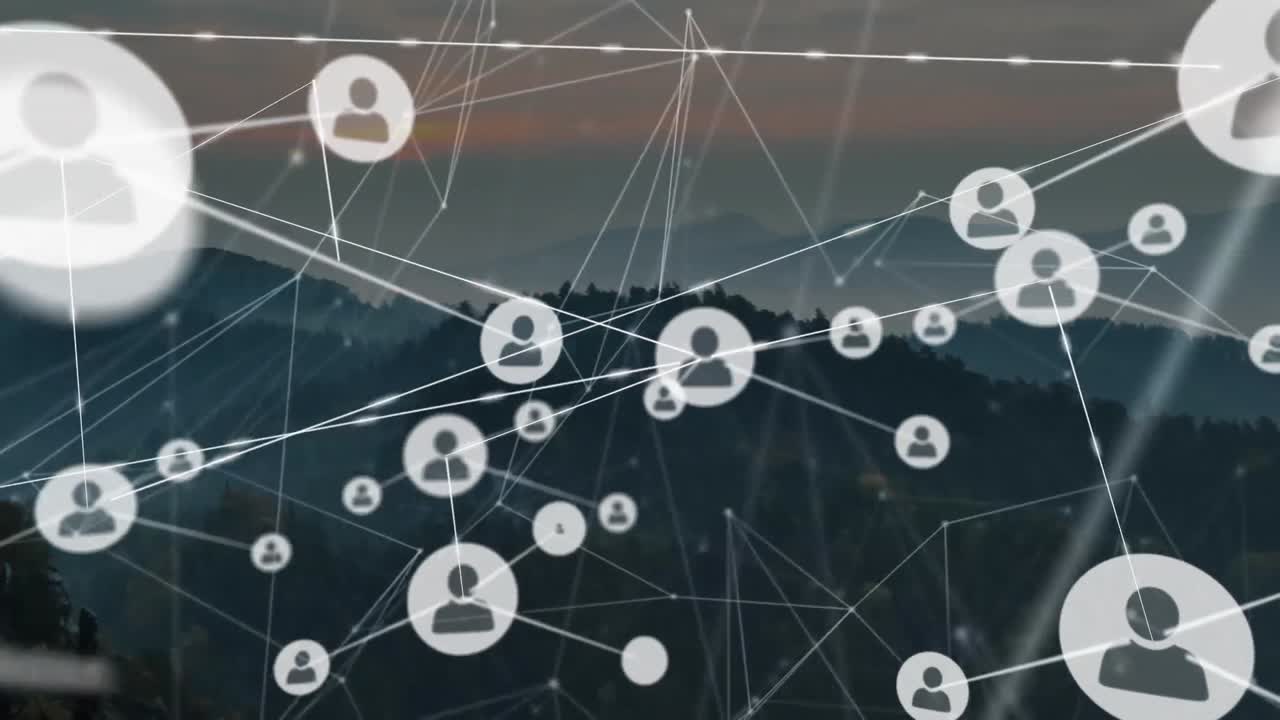 animación de la red de conexiones con iconos sobre el paisaje