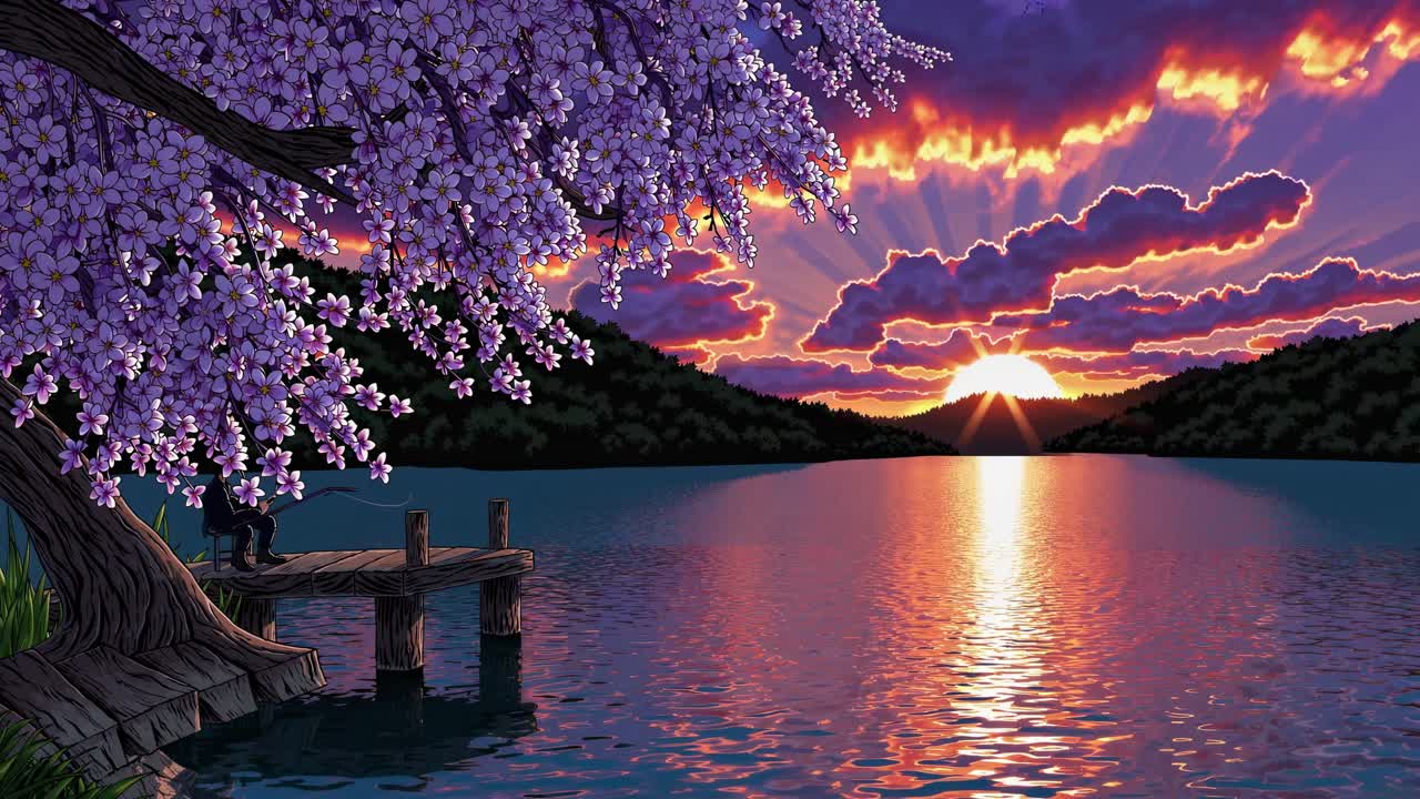 puesta de sol pacífica en un lago con flores de cerezo