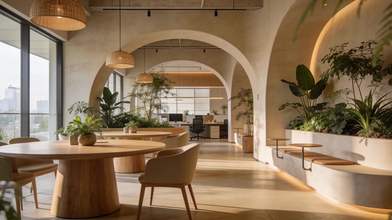 Una telecamera scorre, rivelando una lounge in un grattacielo attraverso archi, mostrando un tavolo rotondo, una fioriera e dei monitor.