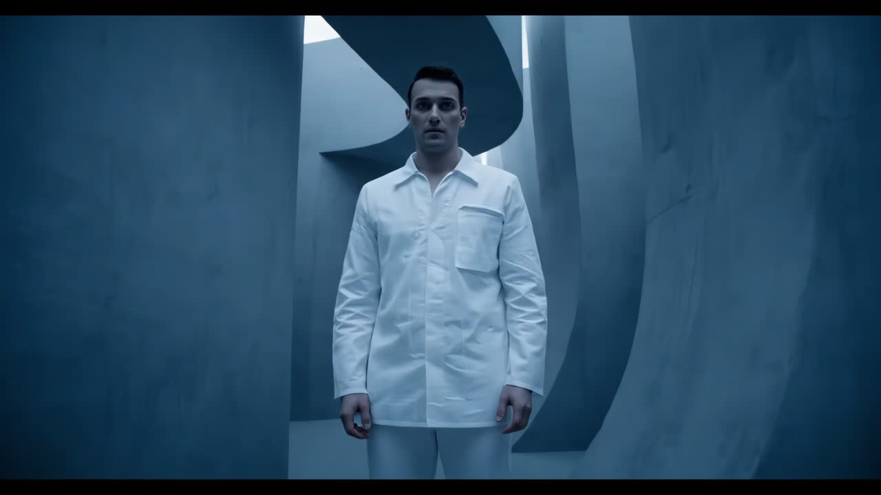 Man in White Suit in a Modern Maze