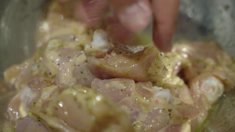 extreme close up of hand-mixing raw chicken, oil and spices