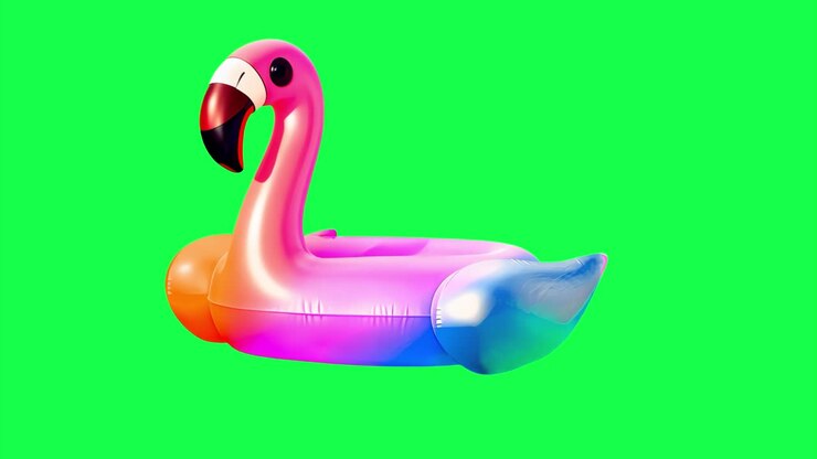 Colorful inflatable flamingo float animation, transparent 4K video, green screen