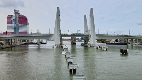 Hisingsbron-Bridge-Over-Gota-Alv-River-In-Gothenburg,-Sweden---aerial-drone-shot