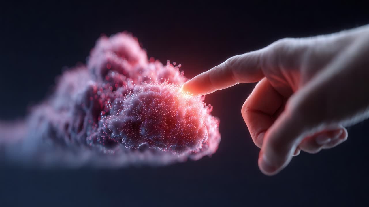 An Ethereal Interaction: A Hand Reaches Out to Touch a Glowing Cloud of Cosmic Particles in a Stunning Visual Display of Imagination and Technology