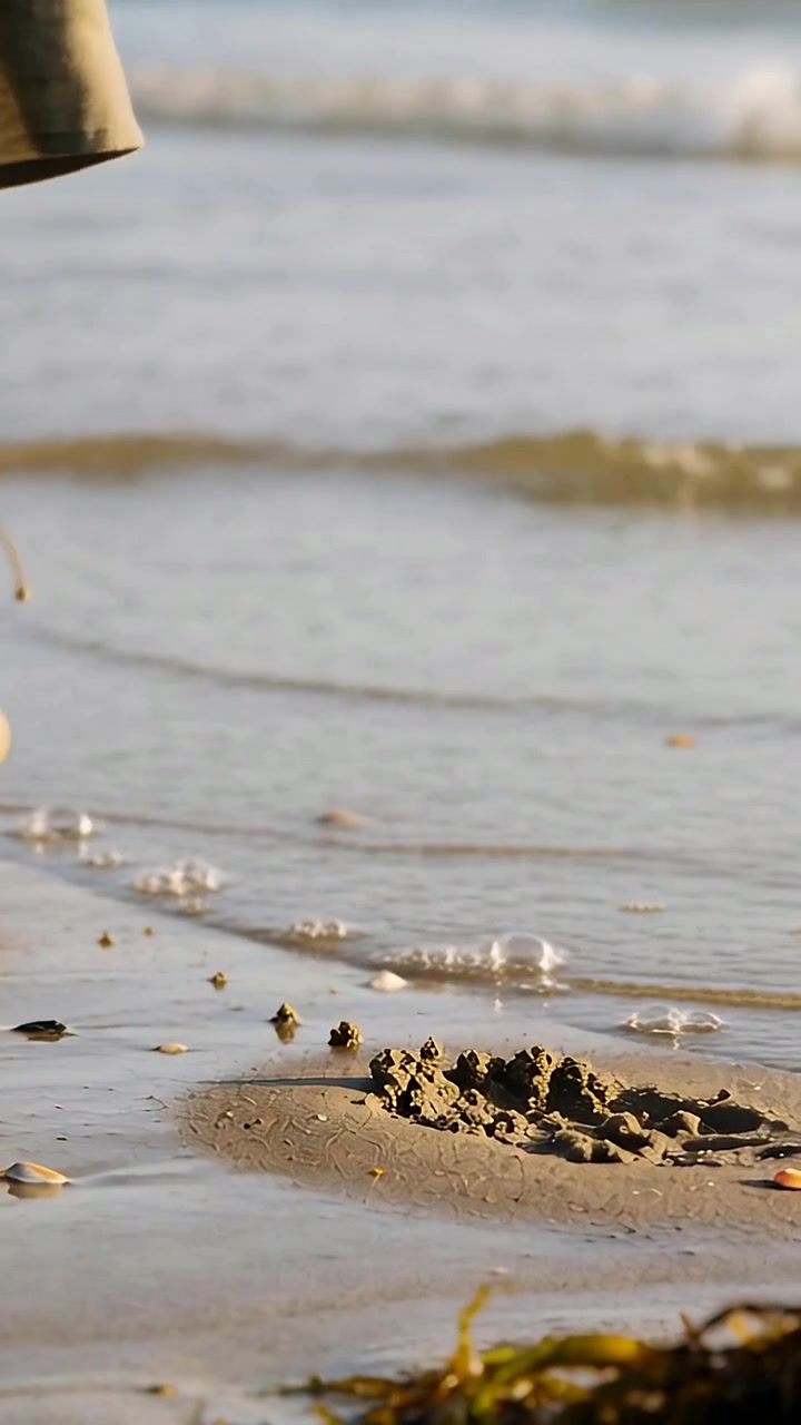 Vertical video: Walking woman lifting foot off wet sand, waves washing print, anklet, skirt visible