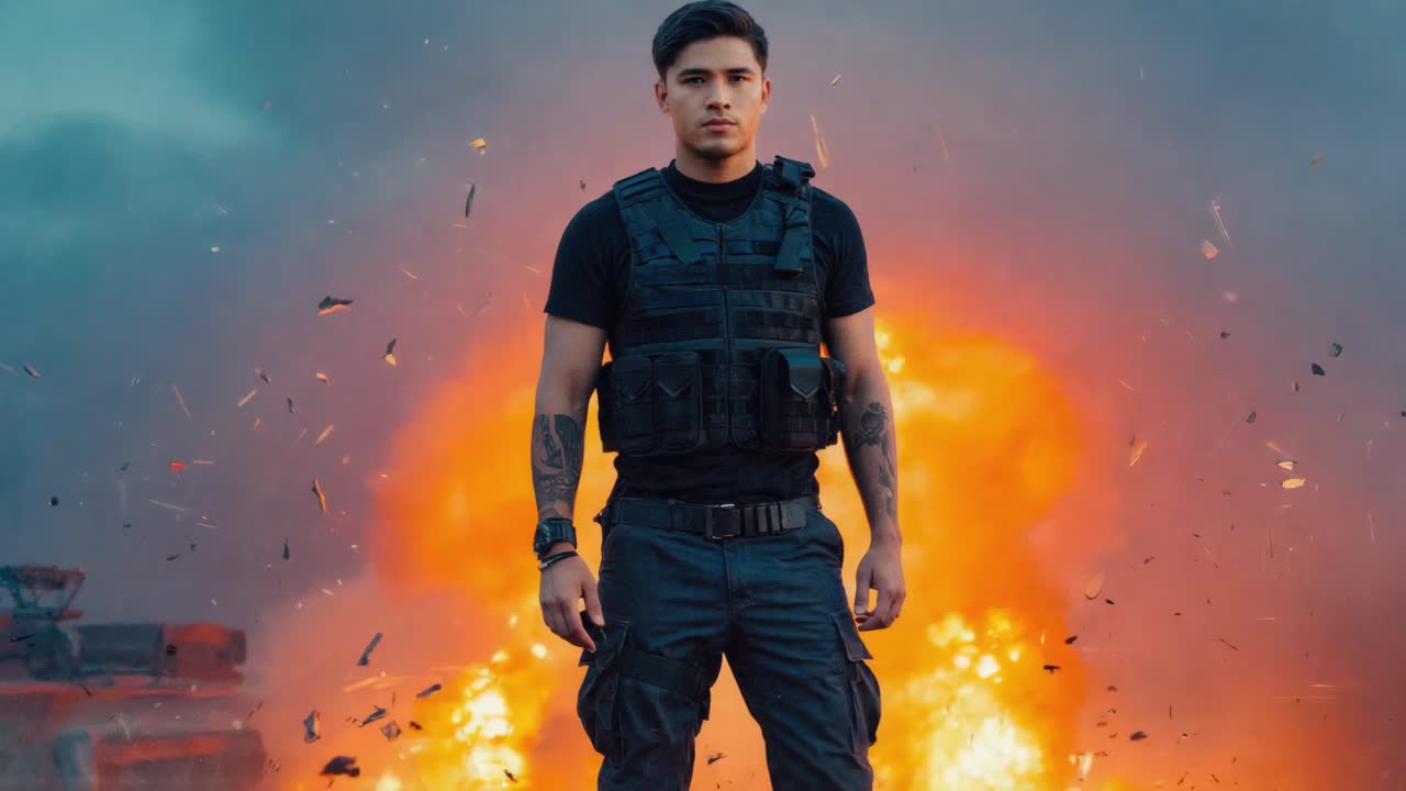 Man in Tactical Gear with Explosion in Background