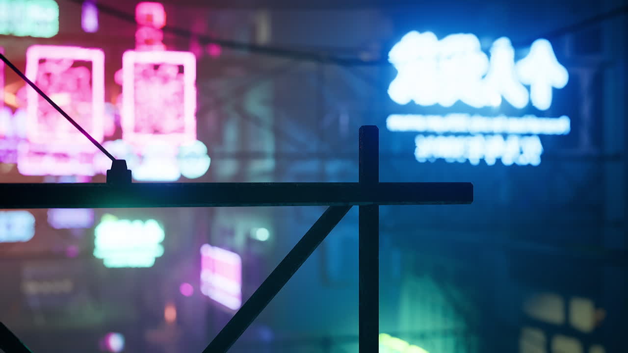 Neon lights illuminate a bustling urban alley at night in vibrant colors