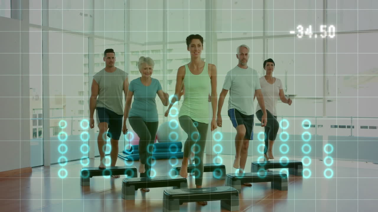 Group of six participants stepping on platforms in fitness studio, showing blue HUD tracking