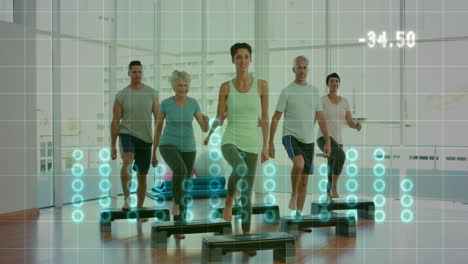 group of six participants stepping on platforms in fitness studio, showing blue hud tracking