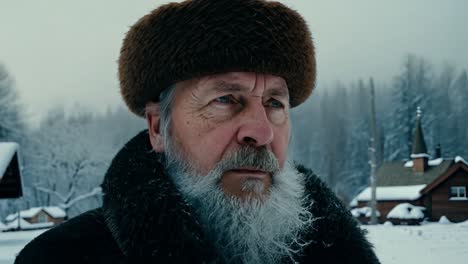 old man in a fur hat looking pensively at a snowy village