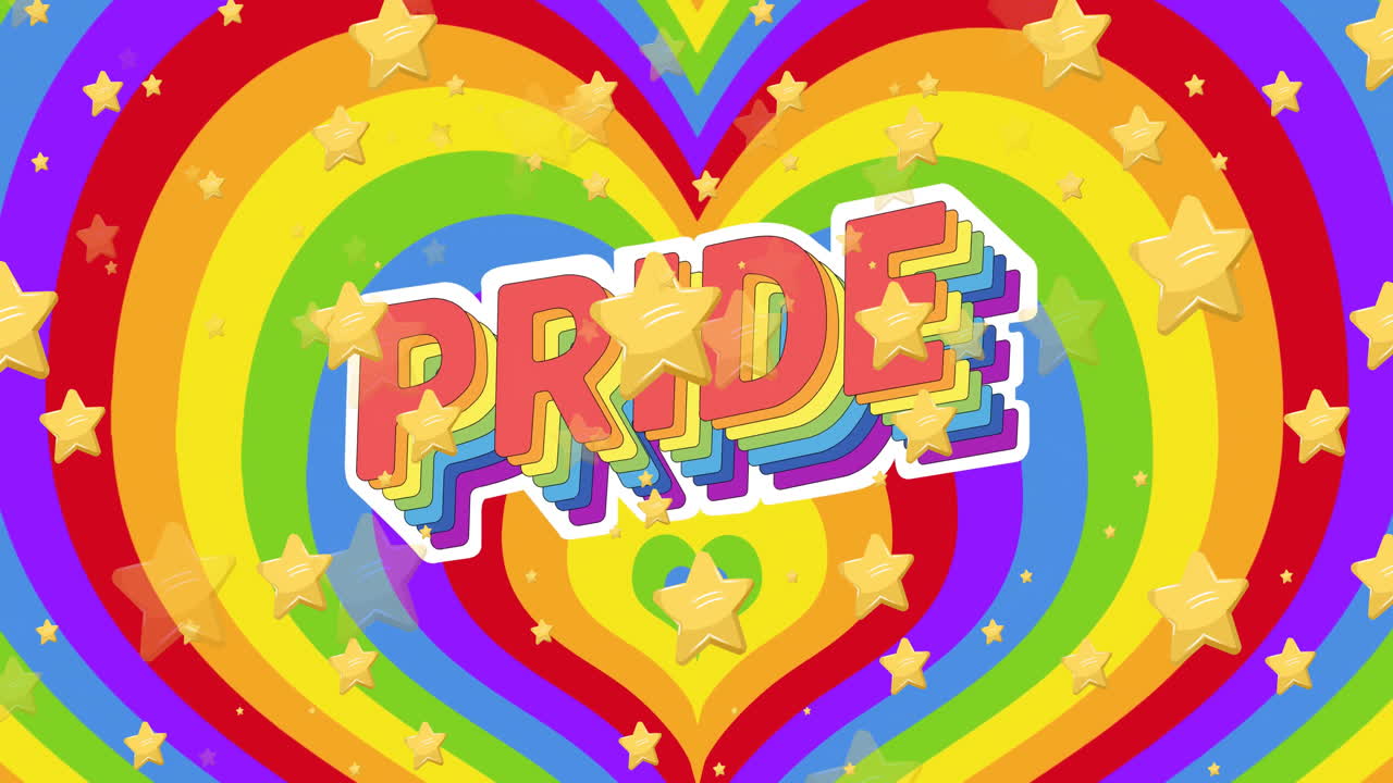 Animation of floating stars and balloons over pride text on rainbow heart shape background