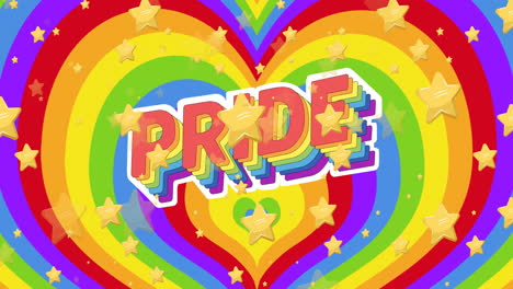 animation of floating stars and balloons over pride text on rainbow heart shape background