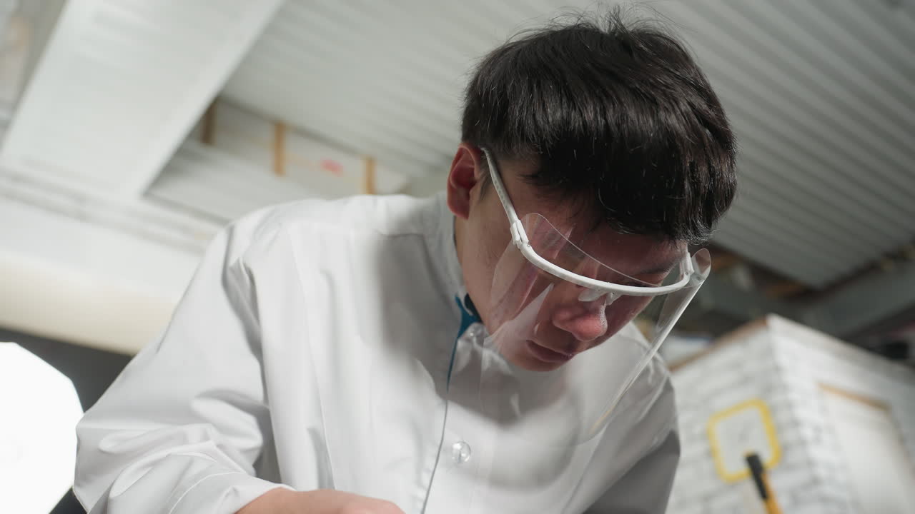 白衣を着て保護フェイスシールドを着用した学生が、自動車整備工場でノギスを慎重に使い、エンジン部品を測定しているクローズアップ。