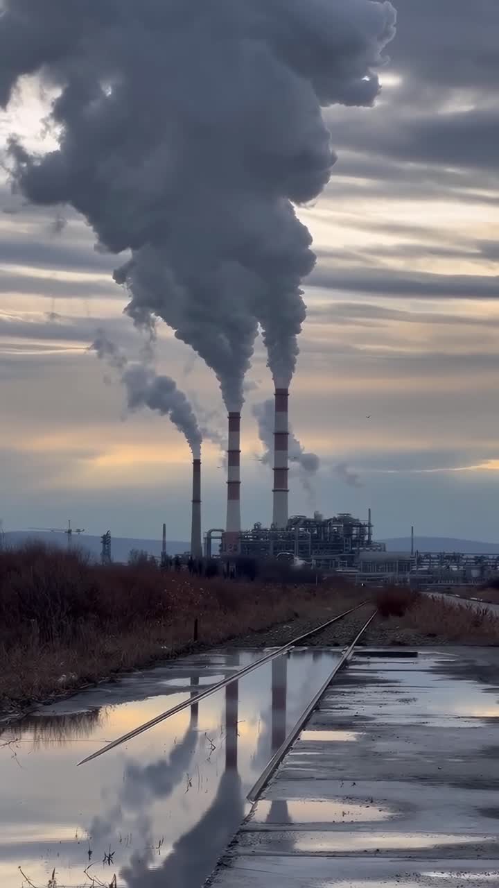 Industrial Plant Chimneys Emitting Smoke Reflected in Puddles by Railroad Tracks