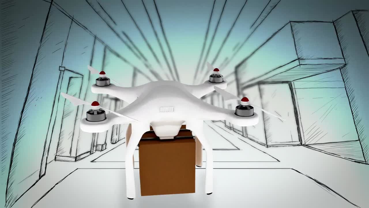 카드보드 상자를 들고 비행하는 드론의 디지털 이미지
