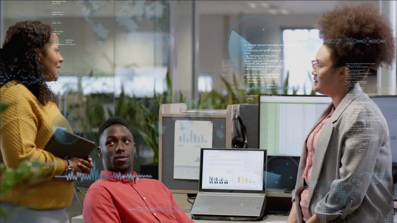 Animation of data processing over diverse business people in office