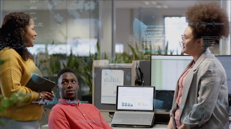 Animation of data processing over diverse business people in office