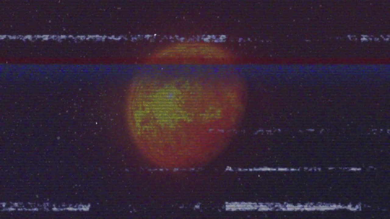 Shifting static revealing glowing planet, sphere rotating and changing light for retro tape look
