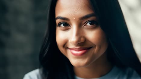 beautiful young woman with long hair smiles at the camera